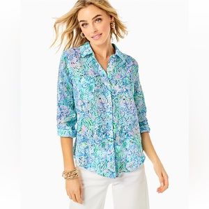New Lilly Pulitzer Sea View Linen Button Down Top Surf Blue Soleil NWT XS